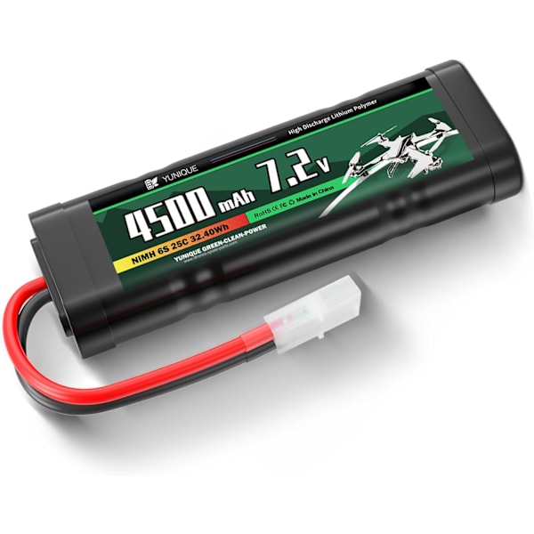 Latautuva NiMH-akku 7.2V 4500mAh Tamiya-liittimellä ja silikonikaapelilla - 6 solua - Mitat 135x47x24 mm - Virta RC-malleille