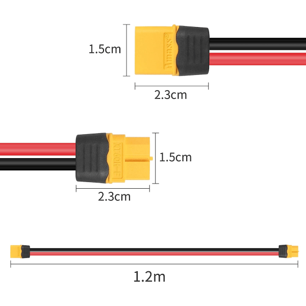 XT60-jatkokaapeli 1,2 m 16AWG uros-naaras RC-akuille, FPV-lennokeille ja kaukosäätimille