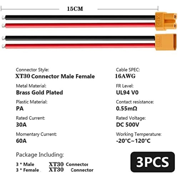 3 paria XT30-liittimiä, Lipo-akku liittimet silikonikaapelilla 100 mm 16AWG RC Lipo FPV Drone