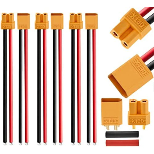 3 paria XT30-liittimiä, Lipo-akku liittimet silikonikaapelilla 100 mm 16AWG RC Lipo FPV Drone