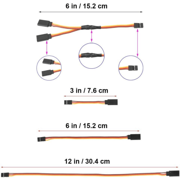 16 osainen RC Servo -jatkokaapelien sarja | Pituudet 75/150/300mm | JR/Futaba yleinen yhteensopivuus | Mukana 1-2 Y-kaapeli
