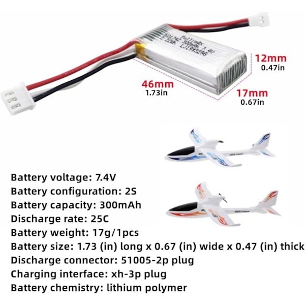 Set med 2 litiumbatterier 7.4V 300mAh för WLToys F959, XK A600 | Utökad kompatibilitet med RC-flygplan | Utökad prestanda, Silver