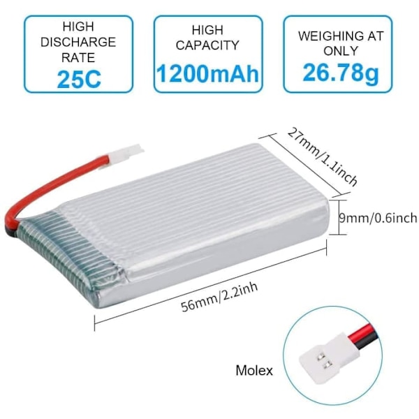 Lipo-batteri 4st 3.7V 1200mAh för RC Drones Syma X5SC X5SW  mm 54 x 29 x 9 mm - 27,4 gr