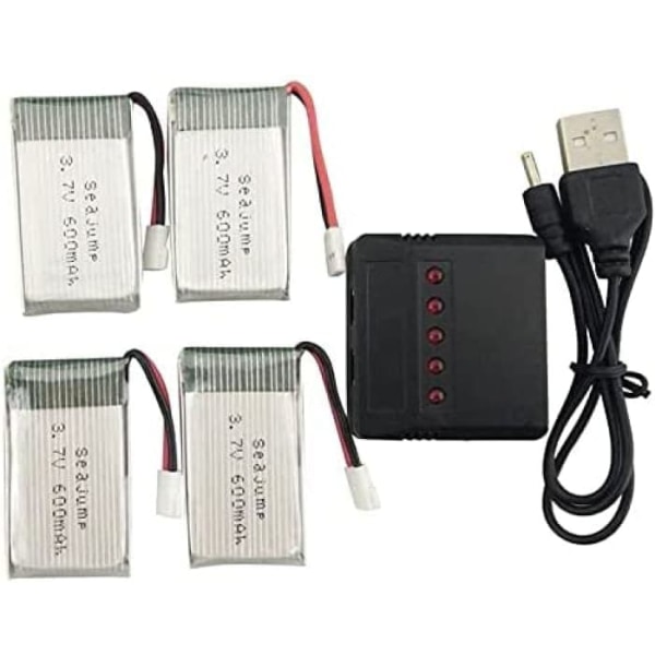 Sæt med 4 Lipo-batterier 3.7V 600mAh til droner | Kompatibel med Syma X5, Cheerson CX-30W, Skytech M68