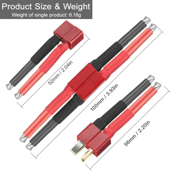 Deans Style T naaras- ja urosliitin 12AWG silikonijohdolla RC-akulle Lipo-kaapeli drone + 4 kpl PVC-suojakorkkeja