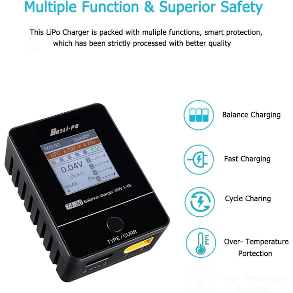 Lipo Laddare 1S-4S Balans med IPS-skärm Digital AC Smart Batteriladdare för Lipo / Lihv / Life med 6 laddningskablar