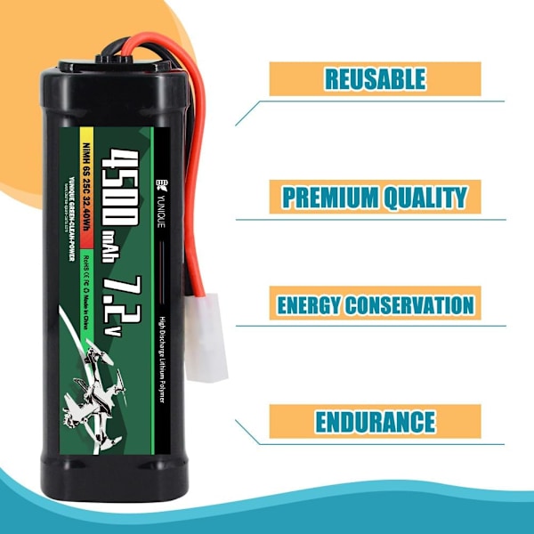 Latautuva NiMH-akku 7.2V 4500mAh Tamiya-liittimellä ja silikonikaapelilla - 6 solua - Mitat 135x47x24 mm - Virta RC-malleille