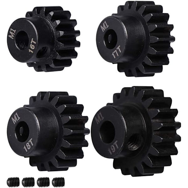 Set med 4 kedjehjul 16T-17T-18T-19T M1 för 1:8 RC borstlösa motorer | Slitstark metall | För Monster/Buggy/Truck, Svart