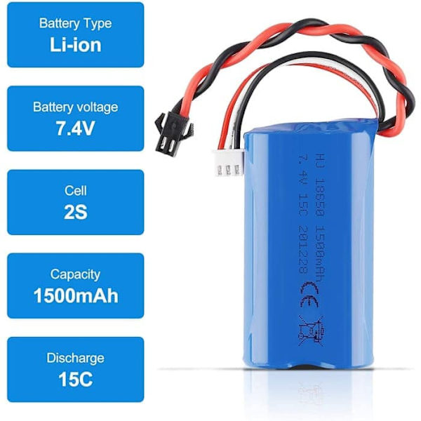 1500mAh 7,4V 2S Lipo-batteri för U12A S033G Q1 H101 med SM-2P-kontakt för Rc Leksaker Båt Bil Drönare