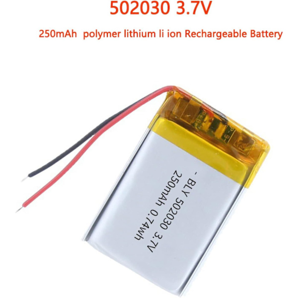 Litiumbatteri 3.7V 250mAh Modell 502030 | Med skyddskrets | Uppladdningsbart, kompatibelt med Bluetooth-hörlurar och TWS-hörlurar, hög hållbarhet