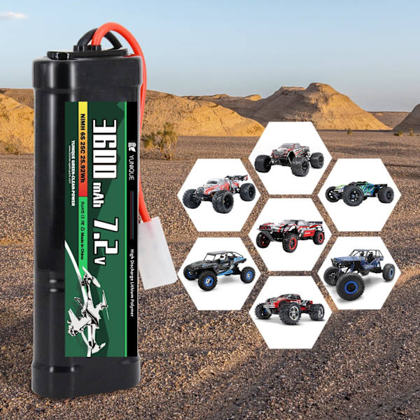 Latautuva NiMH-akku 7.2V 3600mAh Tamiya-liittimellä ja silikonikaapelilla - 6 solua - Mitat 135x47x24 mm - Virta RC-malleille