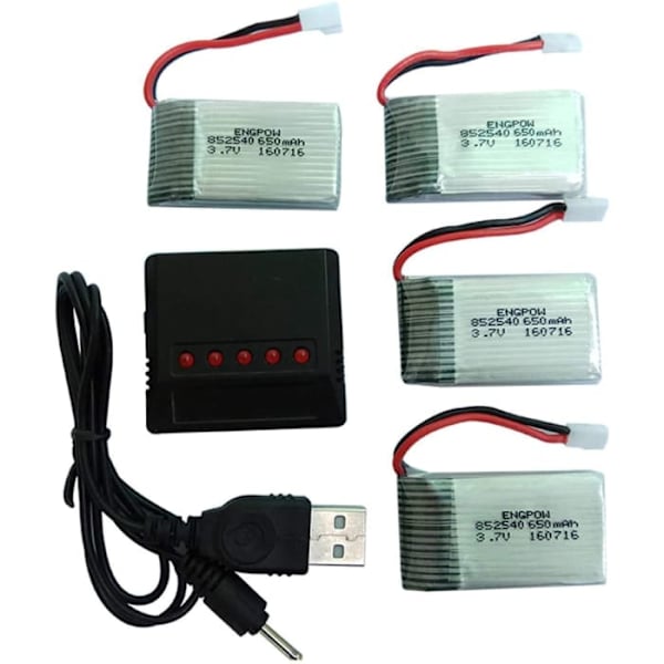 Sarja, jossa 4 akkua 650mAh 3.7V Syma X5C X5 -droneen | Mukana 4-in-1-laturi | Sopii Cheerson CX-30W mm. 44 x 25 x 10-17 Gr | Hopea