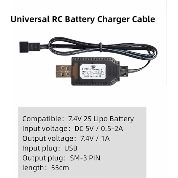 USB batterilader til 7.4V 2S LiPo-batterier | SM-3P-tilslutning | Sikker og alsidig opladning | Let og bærbar | Kompatibel med RC Bil/Drone/Båd