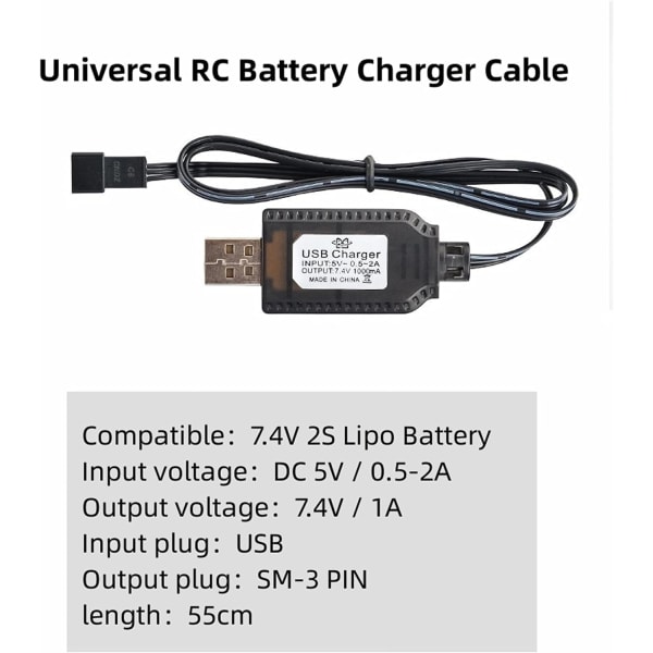 USB Universal RC-laddarkabel med SM-3P-kontakt för 2S 7,4V LiPo-batteri Kompatibel RC-bil / bil / flygplan