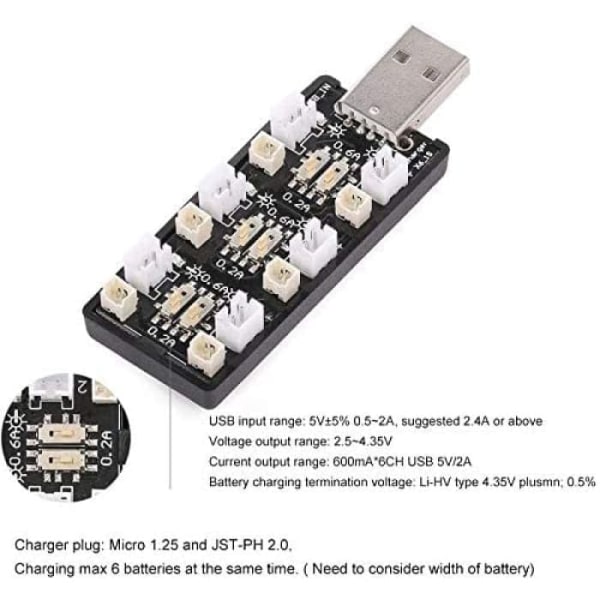 1S LiPo batterilader USB 3.8V/ 4.35V 6 kanaler LiSV lader 1S Small Tiny Whoop Blade Inductrix Micro JST 1.25 JST-PH 2.0 mCX mCPX stik