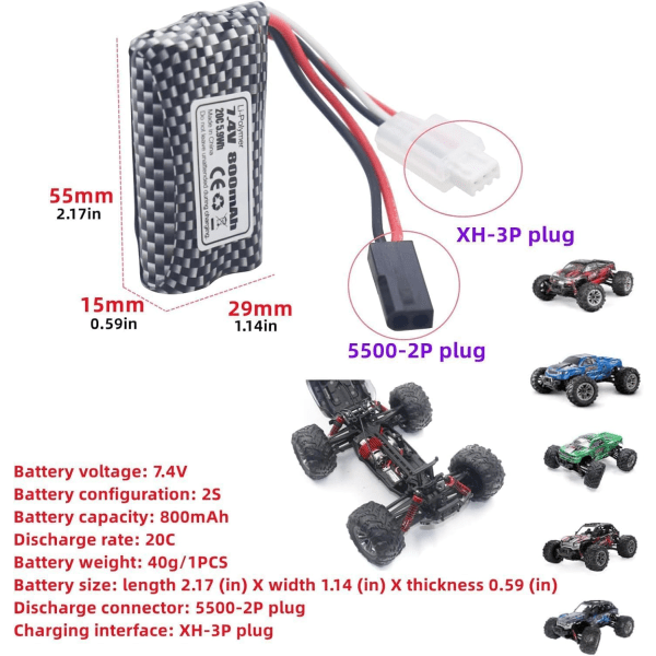 7.4V 800mAh 5500-2P Lipo Batteri för RC Bil | Hög kapacitet | Utökad kompatibilitet med modellerna 9130-9145 | Idealisk för terrängfordon