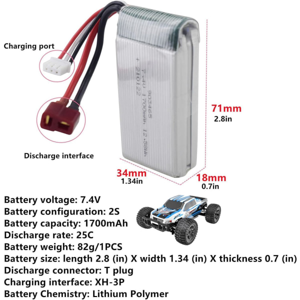 2 st 7.4V 1700mAh litiumbatterier för RC-bil | Universell kompatibilitet 9200/9200E och andra | Optimerad prestanda | Säkerhet och Hållbarhet, Silver