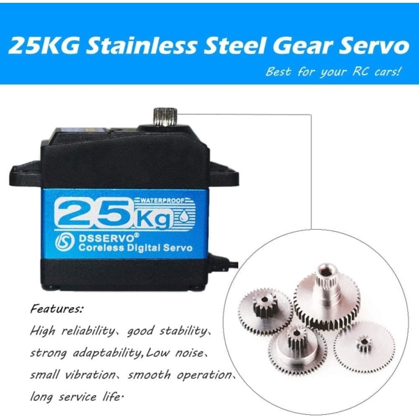 Kärnlös digital servomotor DS3225PRO 7,4V 25KG | 180 graders rotation | Rostfria aluminiumväxlar | för robotik, Baja 1/10 bil, RC lastbil