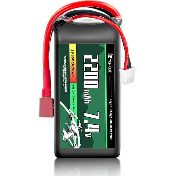 Lipo Batteri 2 Cells 7.4V 2200mAh 35C med T-PLUG-kontakt, silikonkabel och mjukt skal - Storlek 73X34X19 mm, Vikt 110g - Hög effekt för RC-modeller