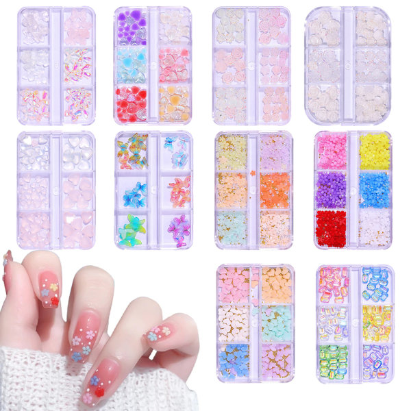 3D Neglepynt til Akrylnegle 6 Rister 3D Negleblomster Rhinestones Blomster Kærlighed Hjerter Sløjfer Ottekant Neglekunst Tilbehør Manicure DIY Negledekorationer