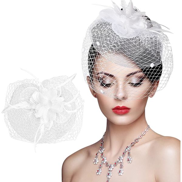 Mesh pandebånd hårtilbehør, bryllup mesh pandebånd fjer blomst klip white