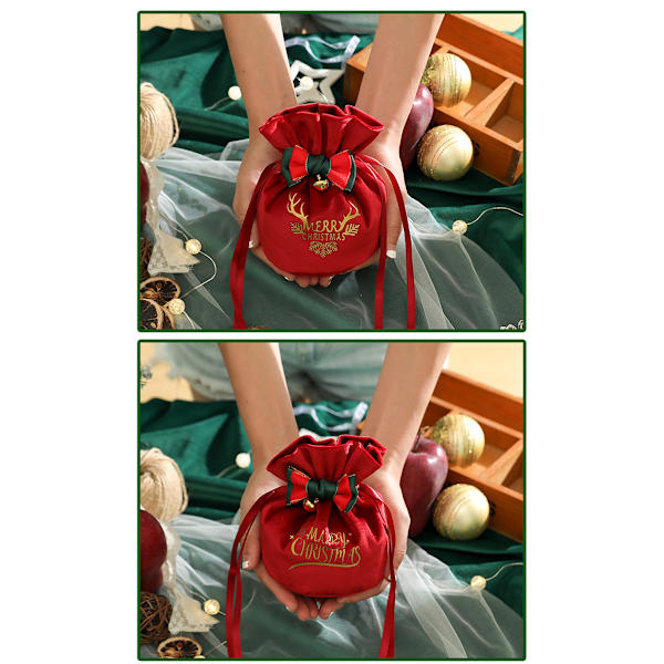 Julegavepose Juleeple Fløyelspose Julaften Godteriboks Julaften Frukt Flanell Trekkpose Dark Green-Style 1