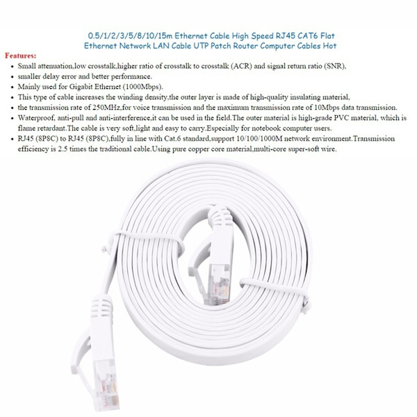 0,5m 1,5m 2m 3m 5m 10m 15m 20m Ethernet-kabel Hög Hastighet RJ45 CAT6 Platt Ethernet Nätverk LAN-kabel UTP Patch Router Dator Kablar