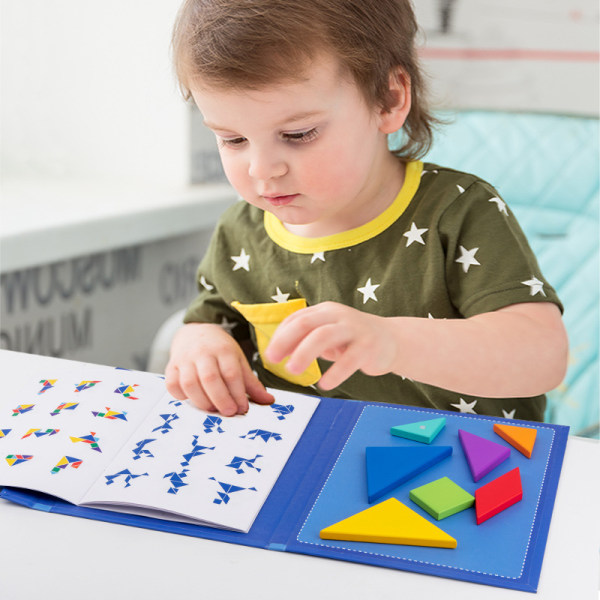 Magnetisk tangram-puslespill i tre for barn, pedagogiske hjelpemidler for elever på barneskolen, matematiske geometripuslespill og byggeleker L