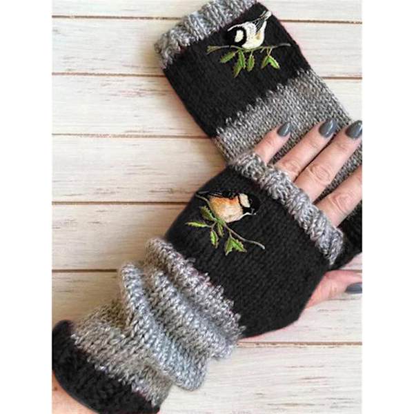 Fåglar Broderade Vantar Stickade Vinter Varma Fingerlösa Vantar Färgblockade Splice Vantar Kvinnor Flickor Vantar