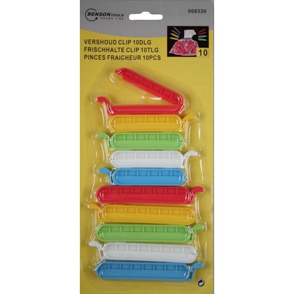 10-pack påseklämmor i 2 storlekar, flerfärgade