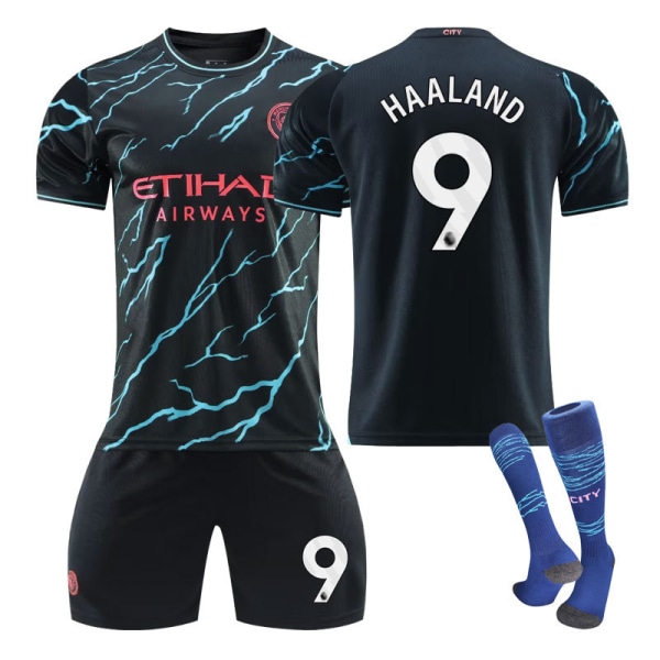 23-24 Manchester City udebane fodboldtrøje sæt Haaland nummer 9 no.9 with socks 18(100-110cm)