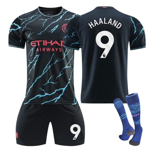 23-24 Manchester City Udebanefodboldtrøje Sæt Haaland Nummer 9 no.9 with socks 28(150-160cm)