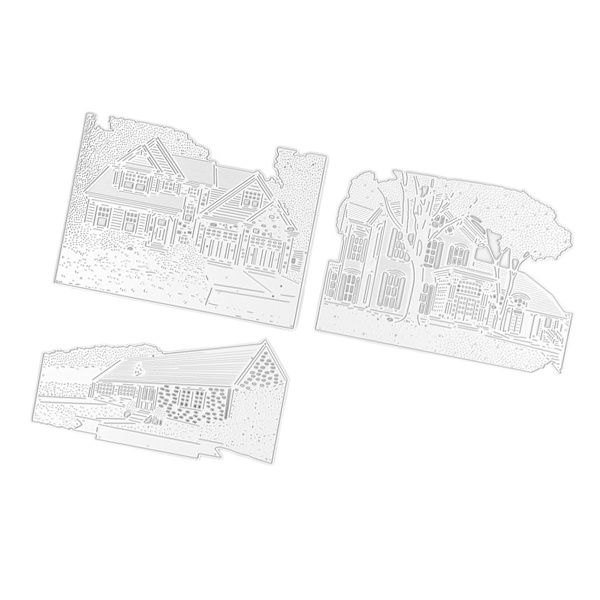 3 st Metalliska Utskurna Arkitektoniska Bakgrunder 3D-Effekter DIY Metall Prägling Schablon Papper Konst Hantverk Mall för Korttillverkning
