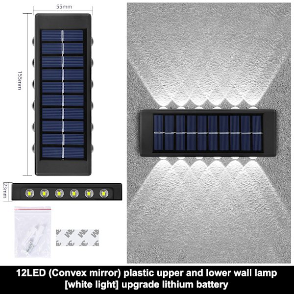 LED-aurinkoenergialla toimiva seinävalaisin ulkokäyttöön, vedenpitävä, ylöspäin suuntautuva valo