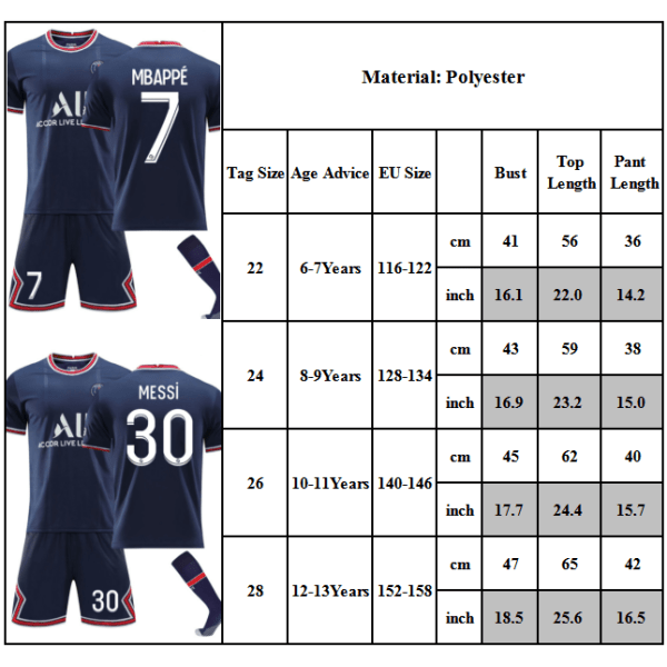 Barn nr. 30 Messi nr. 7 Mbappé nr. 10 Neymar Jersey Dress Skjorte 30 L