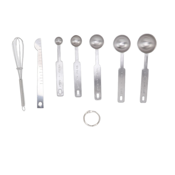 Mätskedar 7 i 1 Rostfritt Stål Stapelbar Design Multifunktionella Mätskedar Set med Nivellering Visp Silver