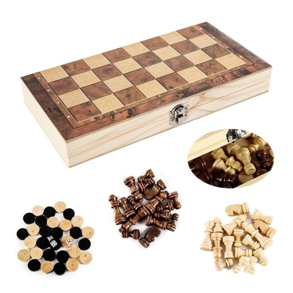 Puinen taitettava 3-in-1-shakki Länsi-Backgammon-tammi Puinen shakkilauta taittuva shakkilautapeli 24*24cm