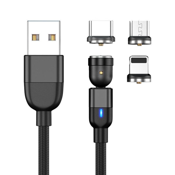Magnetisk kabel, Lightning + Micro USB + USB-C, 3A Svart