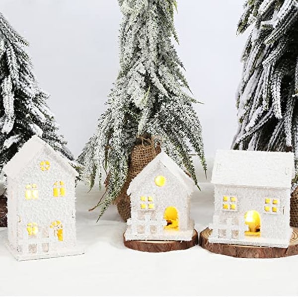 3 stk Christmas Village snødekt scene, julebyhus hvit, julepynt lys white