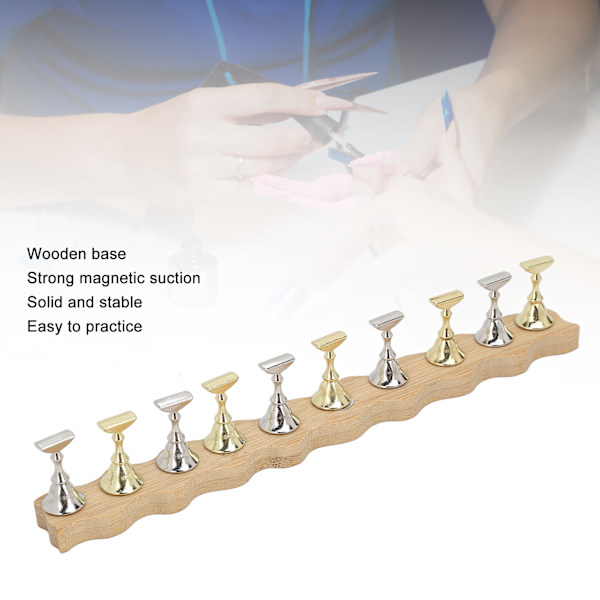 Negle Display Stativ Manicure Værktøj Bølgekant Træbase Magnetisk Negleøvelsesstativ med 10 stk. Stativer