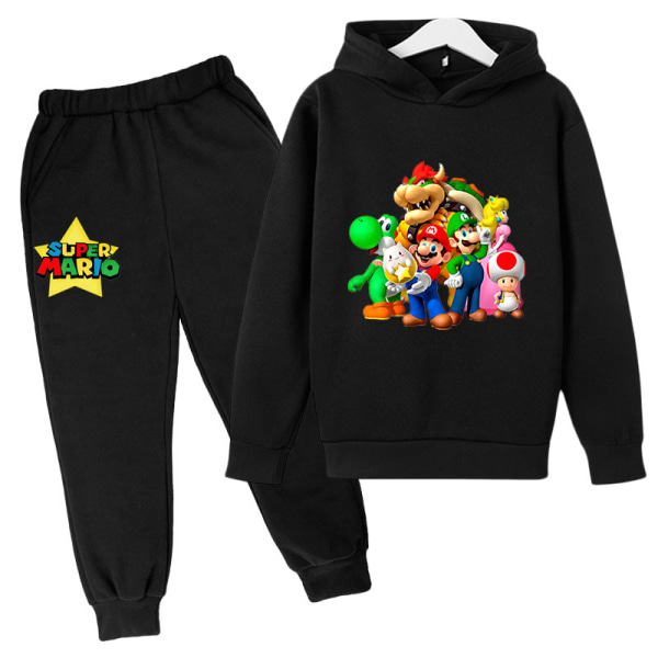 2023 Vårens och Höstens Trendiga Mario Pojkar och Flickor Långärmad Cartoon Tröja Sweatpants Hoodie Set Black 140cm