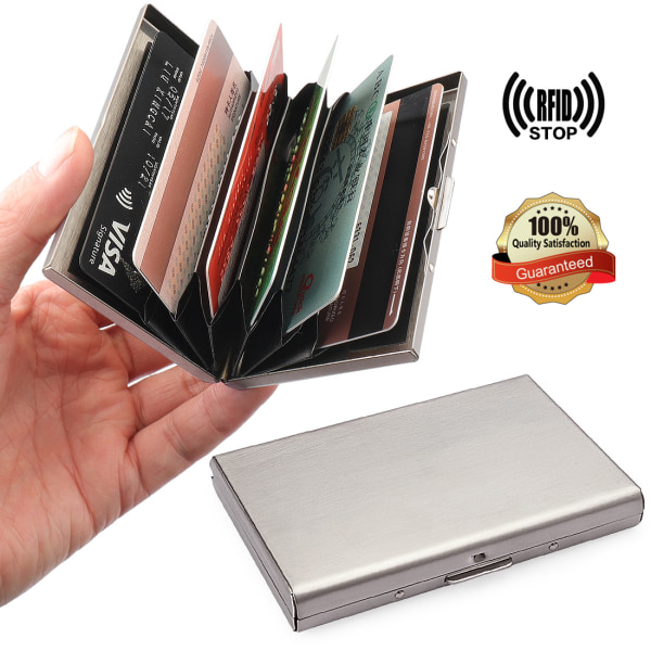Rostfri - Korthållare med fack - Skyddar RFID silverfärgad