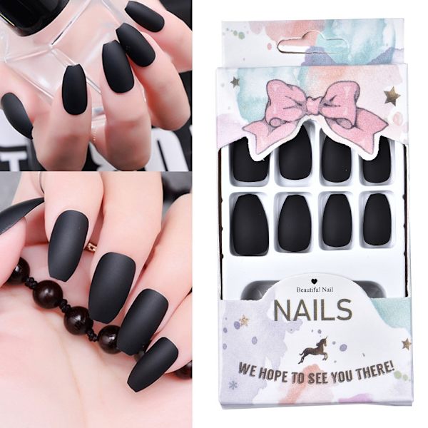 Manicure Færdig Fashion Polish Mat Manicure Patch Falsk Dekal Nail Art (Sort)