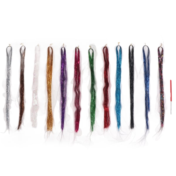 12 stk Hair Tinsel Strands Kit Glitter Farverigt Silke Hair Extension Sæt med hæklenål