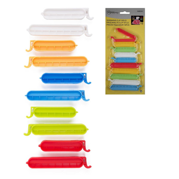 10-pack påseklämmor i 2 storlekar, flerfärgade
