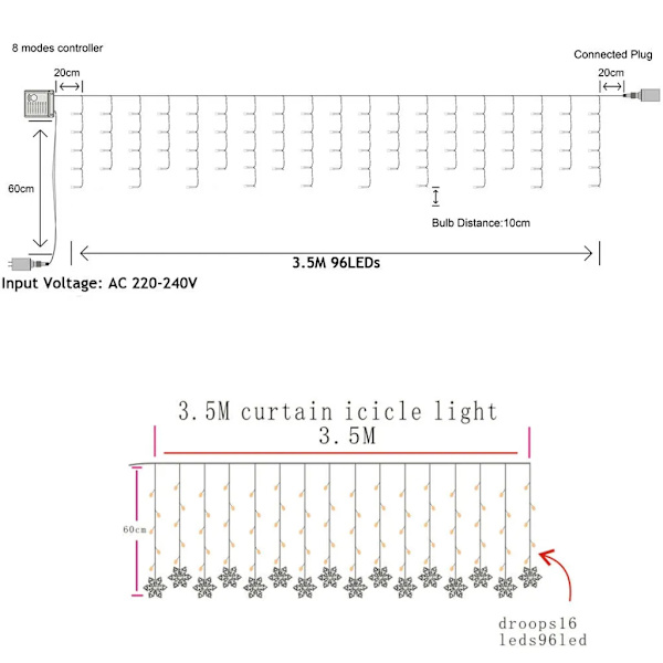 LED Snefnug Lyskæde Gardin Vindue Julebelysning Replika 3,5m 96stk LED Varmt Hvid white