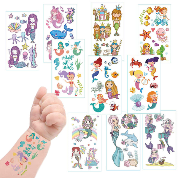 10 ark tegneserie havfrue midlertidige tatoveringer klistermærker Vandtæt fest tatovering børnesæt