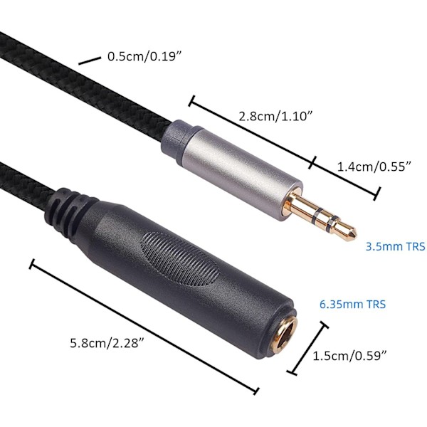 Audioadapterkabel 1/4 tommers hann til 1/8 tommers hunn