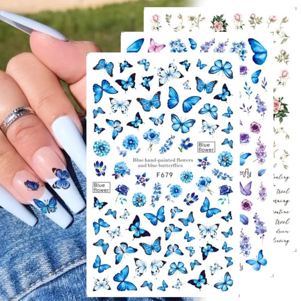8 Ark Blå Fjäril 3D Nagelkonst Dekaler för DIY