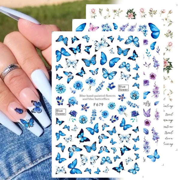 8 ark Blue Butterfly 3D Nail Art Stickers til DIY